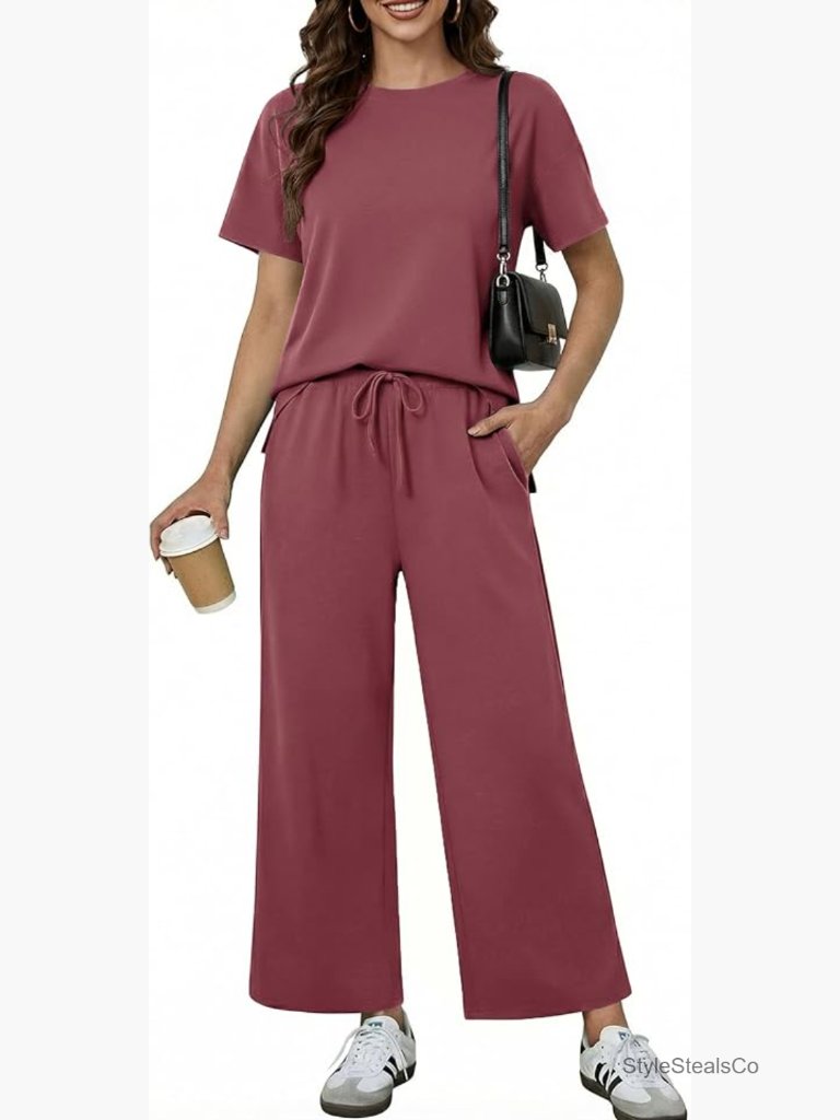 Soft 2 Piece Lounge Set Short Sleeve Wide Leg Pants Tracksuit